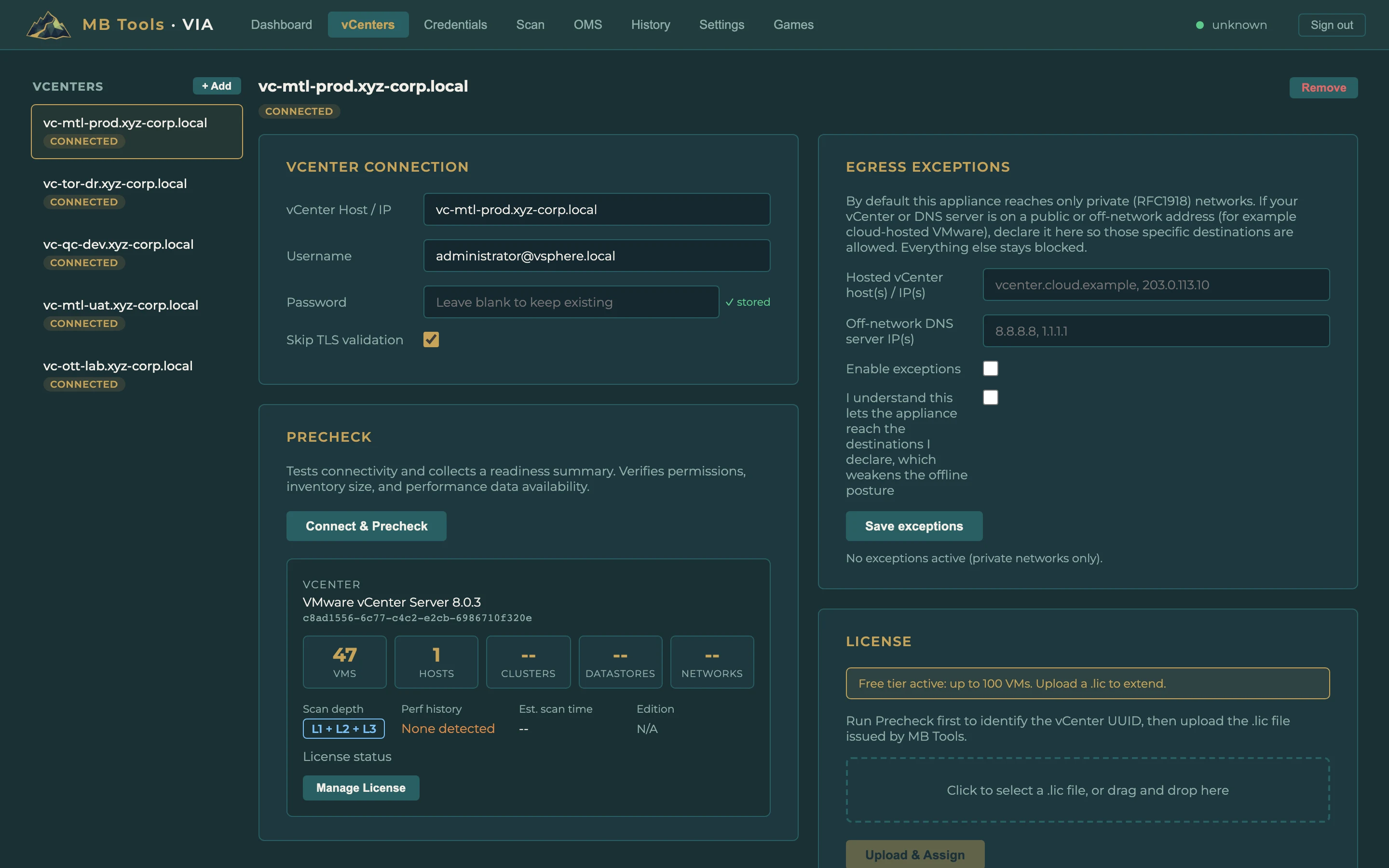 vCenters tab: read-only connection, egress exceptions, Precheck and license.