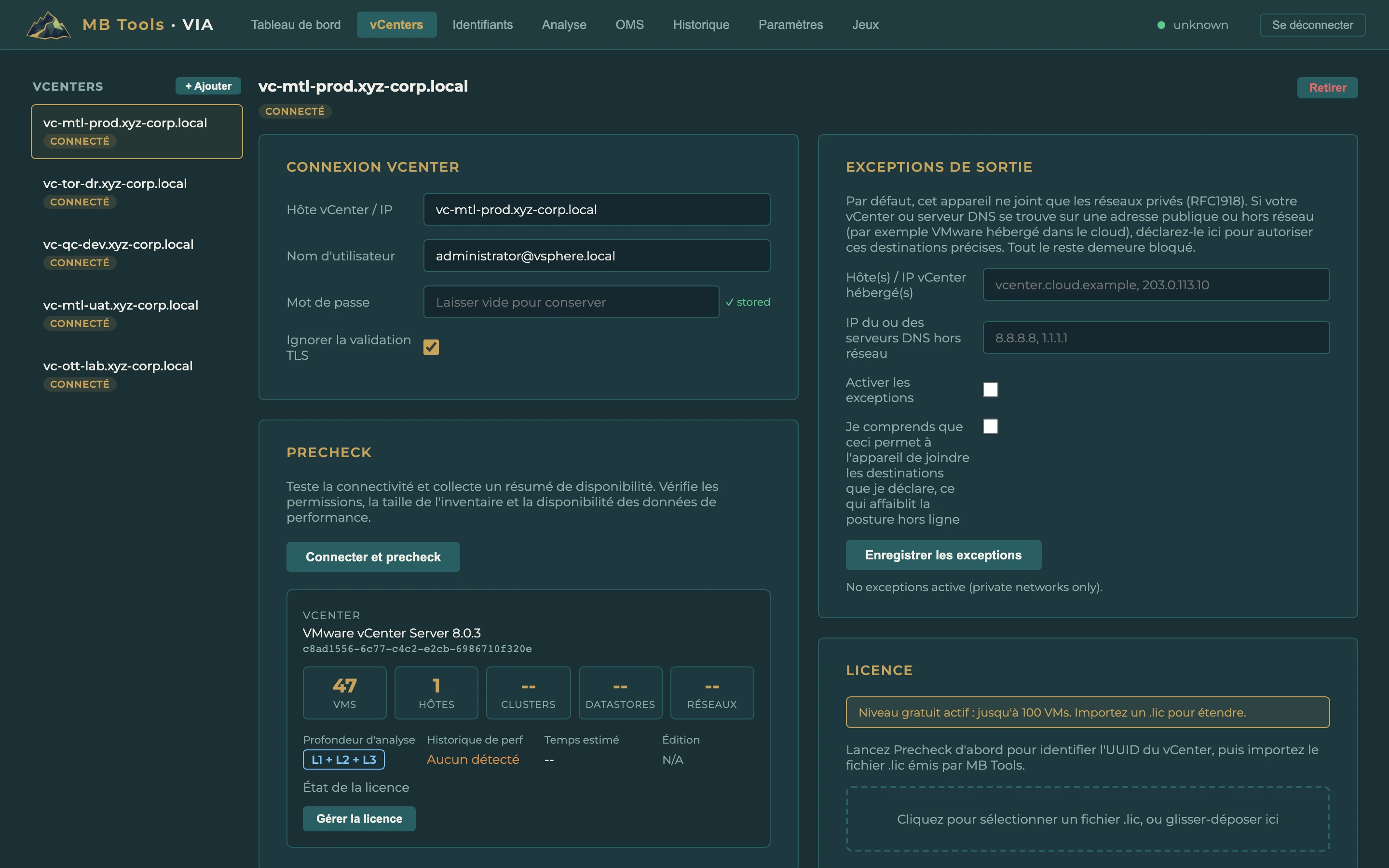 Onglet vCenters : connexion en lecture seule, exceptions de sortie, Precheck et licence.